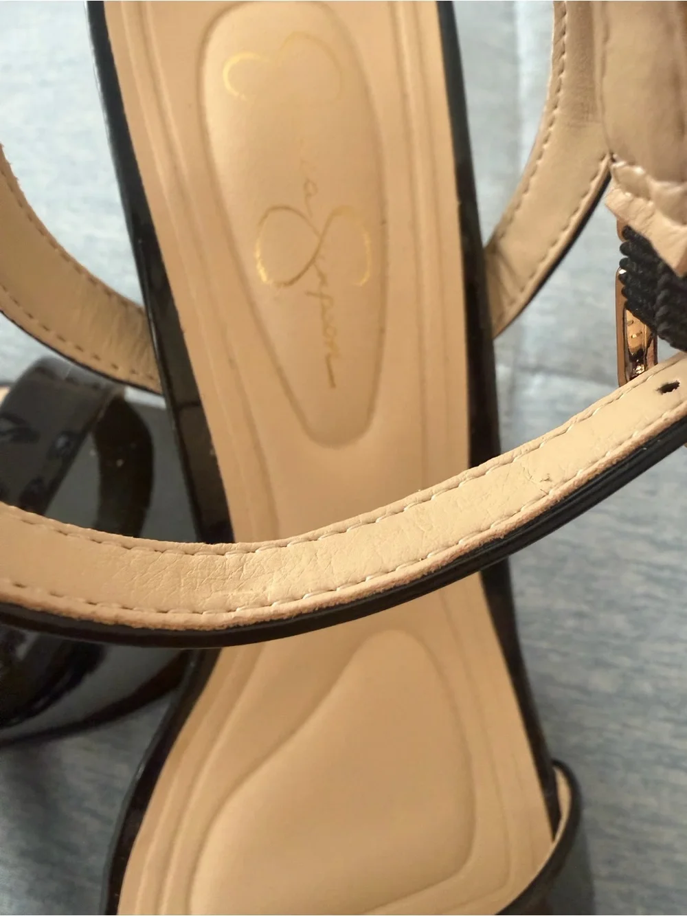 Jessica Simpson Black Patent Square-Toe Ankle Strap Heels